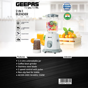 Geepas 2-in-1 Blender & Mixer Grinder- GSB44083 | 1.5L PC Jar & Coffee Grinder | 2 Speed Settings with Pulse | Safety Interlock | Stainless Steel Blades, Durable Design