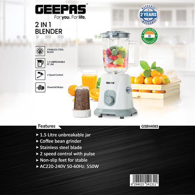 Geepas 2-in-1 Blender & Mixer Grinder- GSB44083 | 1.5L PC Jar & Coffee Grinder | 2 Speed Settings with Pulse | Safety Interlock | Stainless Steel Blades, Durable Design