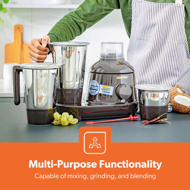 Geepas GSB44086 3-in-1 Mixer Grinder | 750W Powerful Motor, Stainless Steel Jars & Sharp Blades| 3 Speed Control with Safety Twist Lock|  Durable Design| 2 Years Warranty