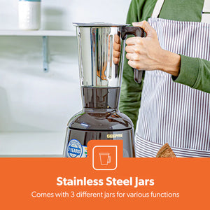 Geepas GSB44086 3-in-1 Mixer Grinder | 750W Powerful Motor, Stainless Steel Jars & Sharp Blades| 3 Speed Control with Safety Twist Lock|  Durable Design| 2 Years Warranty