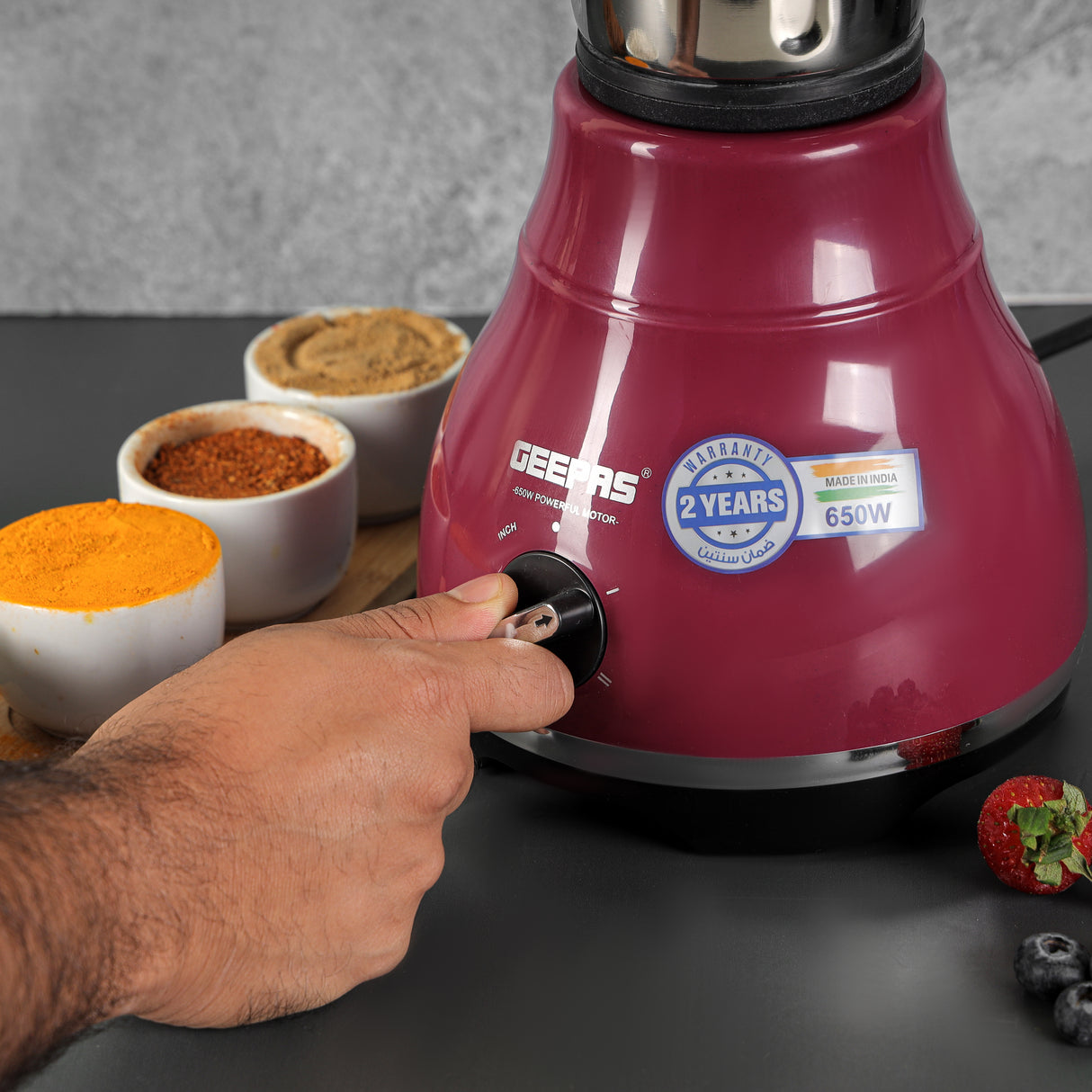 Geepas 3-in-1 Mixer Grinder GSB44087 | 650W , 3 Speed with Incher | 3 Stainless Steel Jars  with Leak-Proof Lids| Hi-Gloss Body| Overload Protector|2 Years Warranty