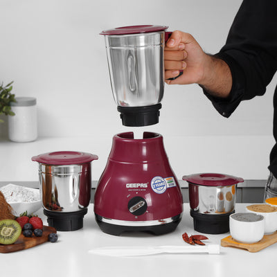 Geepas 3-in-1 Mixer Grinder GSB44087 | 650W , 3 Speed with Incher | 3 Stainless Steel Jars  with Leak-Proof Lids| Hi-Gloss Body| Overload Protector|2 Years Warranty