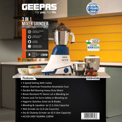 Geepas 3-in-1 Mixer Grinder GSB44088 | 1200W | 3 Speed with Incher | 3 Stainless Steel Jars (1.5L, 1.0L, 0.5L), ABS Body| PC Dome Lid| Overload Protector|2 Years Warranty