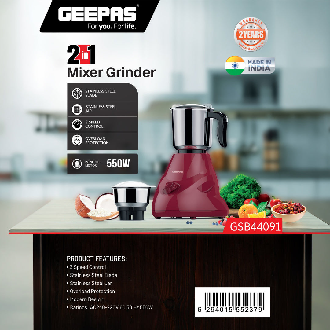 Geepas 2-IN-1 Mixer Grinder- GSB44091| 550W Powerful Motor, Stainless Steel Jars and Blade| Ergonomic Grip and Equipped with Overload Protector| Maroon, 2 Years Warranty