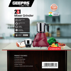 Geepas 2-IN-1 Mixer Grinder- GSB44091| 550W Powerful Motor, Stainless Steel Jars and Blade| Ergonomic Grip and Equipped with Overload Protector| Maroon, 2 Years Warranty