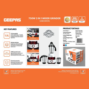 Geepas GSB44094 750W 3-in-1 Mixer Grinder | 1.5L Stainless Steel Jar Mixer | Stainless Steel Blades | Overload Protection  | Durable ABS Plastic Body |Stable Base Design