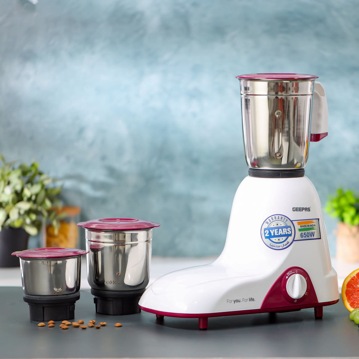 Geepas 3-IN-1 Mixer Grinder- GSB44094| 650W Powerful Motor with Stainless Steel Jars and Blades, Unbreakable Jar Caps| Tetra Flow Technology for Fast Grinding