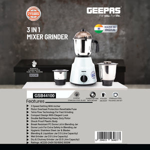 Geepas 3-in-1 Mixer Grinder GSB44100 | 800W, 1.5L| 1.0L & 0.5L Stainless Steel Jars| Tetra Flow Technology | 3 Speed Control | Overload Protector | 2 Years Warranty