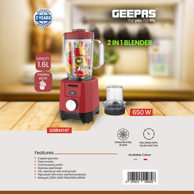 Geepas 2-in-1 Blender- GSB44107/ 650 W,  2 Speed Setting & Pulse/ Transparent and Unbreakable Jars with Stainless Steel Blade, Grinder Attachment/  2 Years Warranty