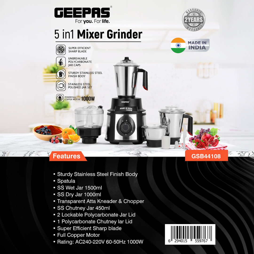 Geepas GSB44108 5-in-1 Mixer Grinder | 1000W Powerful Copper Motor | Durable Stainless Steel Body | Wet & Dry Jars, Chutney Jar, Transparent Atta Kneader & Chopper