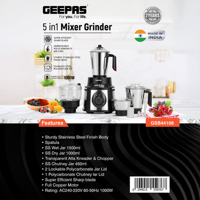Geepas GSB44108 5-in-1 Mixer Grinder | 1000W Powerful Copper Motor | Durable Stainless Steel Body | Wet & Dry Jars, Chutney Jar, Transparent Atta Kneader & Chopper