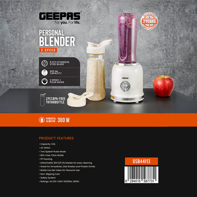 Geepas Personal Blender- GSB44113/ 300W/ 2 BPA-Free Tritan Bottles/ 600 ML/ Transparent & Unbreakable Bottles with Stainless Steel Blade/  2 Years Warranty, White