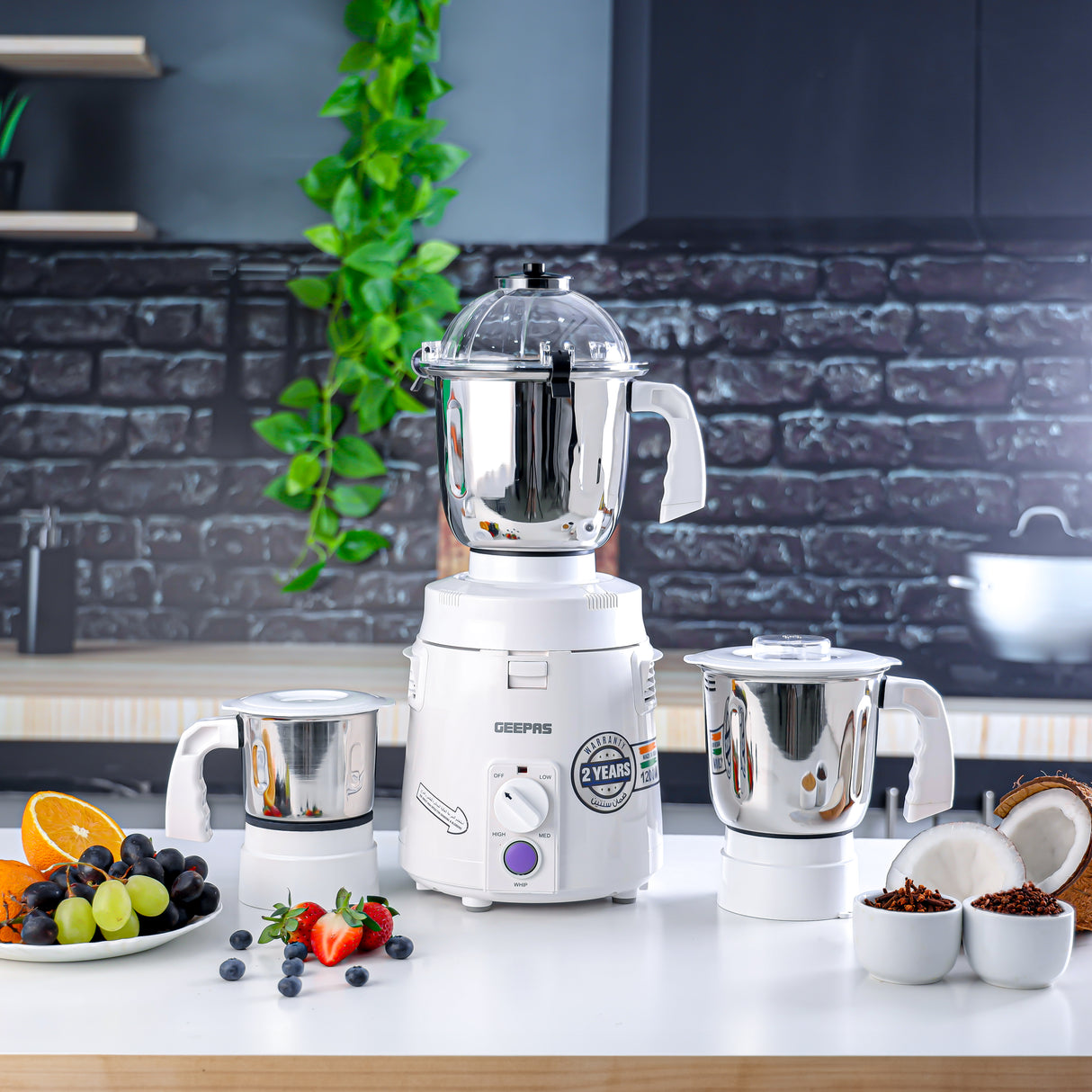 Geepas 3-in-1 Mixer Grinder- GSB44114/ 1200W Powerful Motor with Stainless Steel Jars and Blades, Unbreakable Jar Caps/ for Fast Grinding, Ergonomic Design