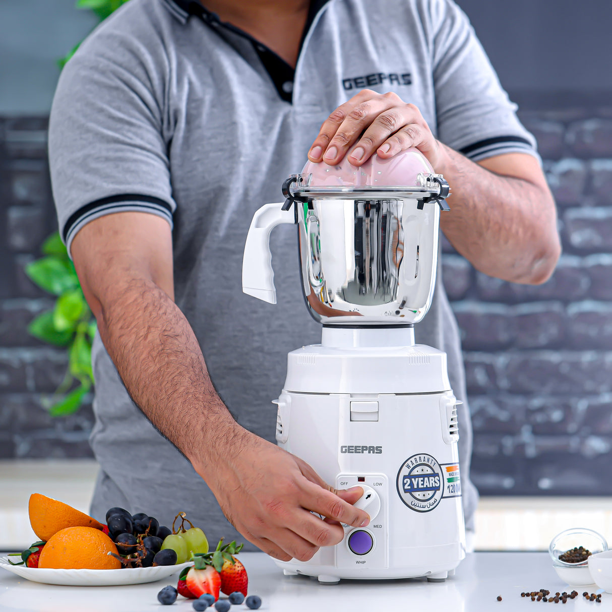 Geepas 3-in-1 Mixer Grinder- GSB44114/ 1200W Powerful Motor with Stainless Steel Jars and Blades, Unbreakable Jar Caps/ for Fast Grinding, Ergonomic Design