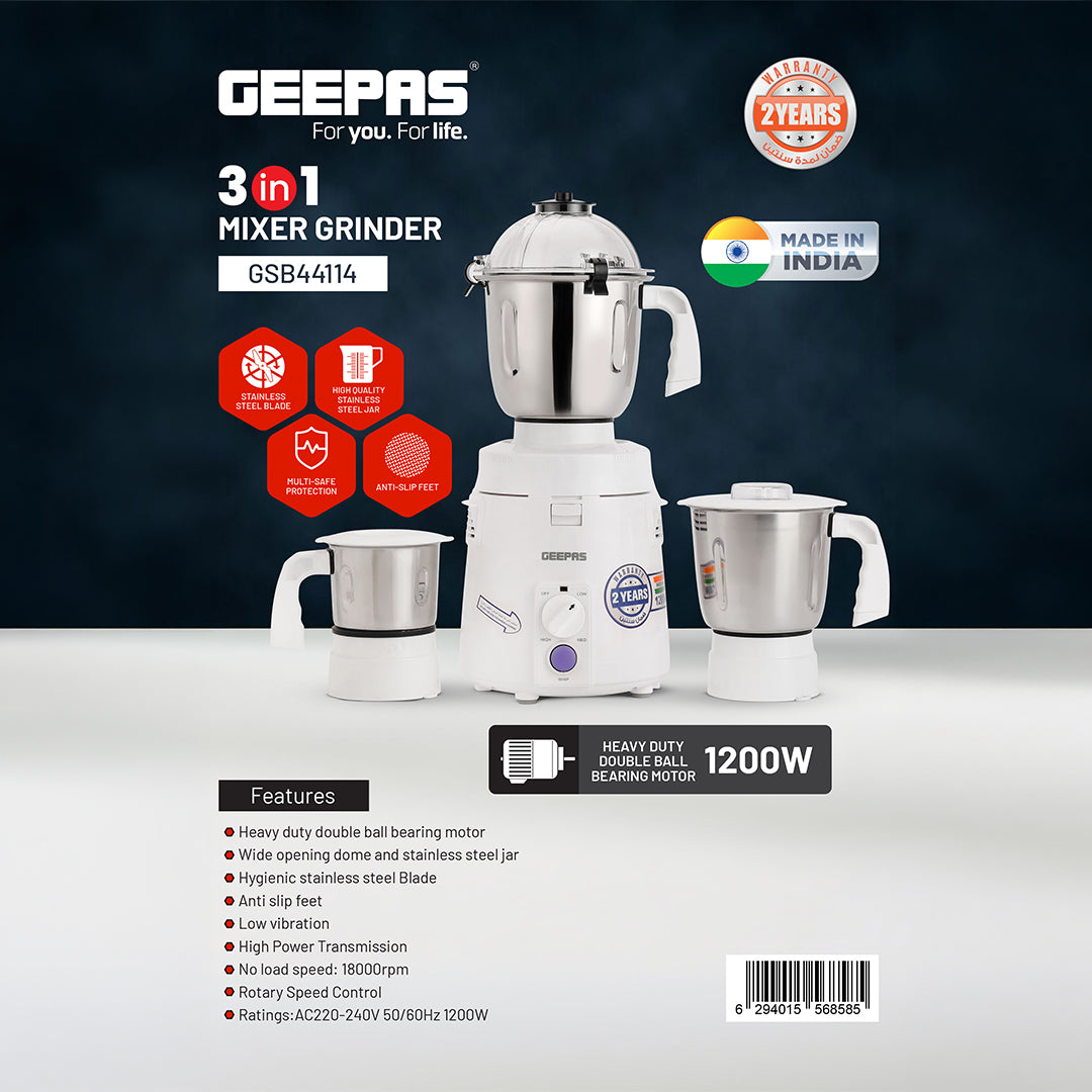 Geepas 3-in-1 Mixer Grinder- GSB44114/ 1200W/ Stainless Steel Jars & Blades/ Unbreakable Jar Caps/ Multi Safe Function/ Anti Slip Feet/ 3 Speed Control/ 2 Years Warranty