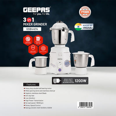 Geepas 3-in-1 Mixer Grinder- GSB44114/ 1200W/ Stainless Steel Jars & Blades/ Unbreakable Jar Caps/ Multi Safe Function/ Anti Slip Feet/ 3 Speed Control/ 2 Years Warranty