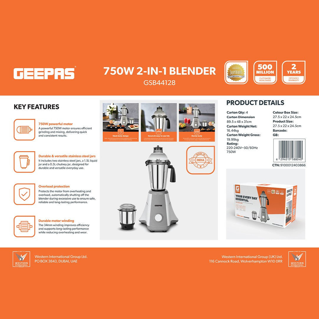 Geepas GSB44128 750W 2-in-1 Blender |  Stainless Steel Jar | 2-in-1 Functionality | Stainless Steel Jar | Overload Protection | Durable Design | 2-Year Warranty