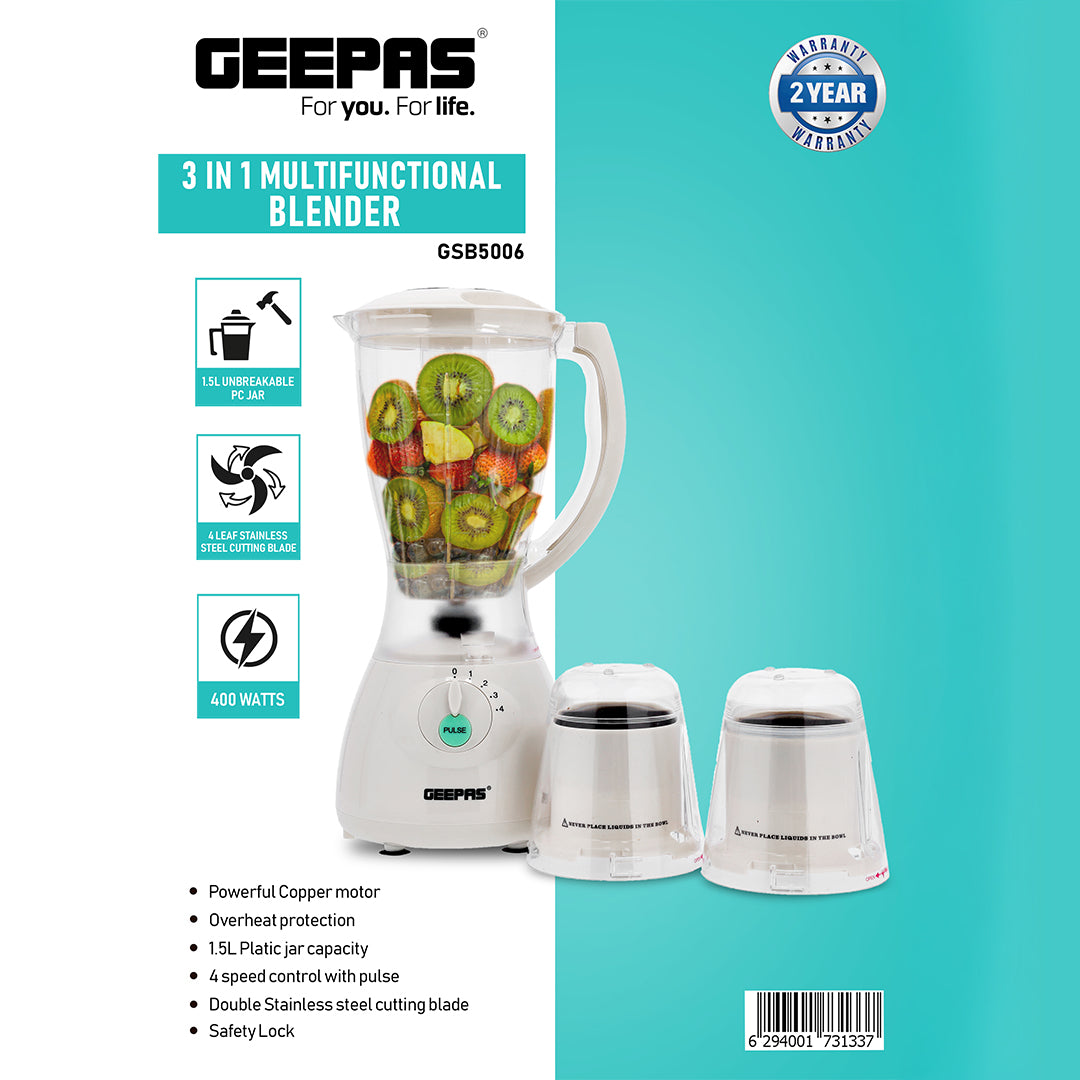 Geepas 400W | 3 in 1 Multifunctional Blender | Safety lock | Stainless Steel Blades| 4 Speed with Pulse | 1.5L Jar| Over Heat Protection | Coffee Grinder & Smoothie Maker