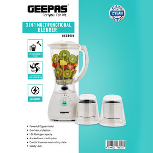 Geepas 400W | 3 in 1 Multifunctional Blender | Safety lock | Stainless Steel Blades| 4 Speed with Pulse | 1.5L Jar| Over Heat Protection | Coffee Grinder & Smoothie Maker