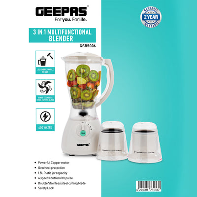 Geepas 400W | 3 in 1 Multifunctional Blender | Safety lock | Stainless Steel Blades| 4 Speed with Pulse | 1.5L Jar| Over Heat Protection | Coffee Grinder & Smoothie Maker