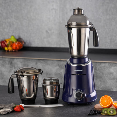 Geepas 3-in-1 Mixer Grinder- GSB5080S/ 750W /  Stainless Steel Jars & Blades/ Unbreakable Jar Caps/ Fast Grinding / 3 Jars with 3 Speed Control / 2 Years Warranty