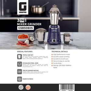 Geepas 3-in-1 Mixer Grinder- GSB5080S/ 750W /  Stainless Steel Jars & Blades/ Unbreakable Jar Caps/ Fast Grinding / 3 Jars with 3 Speed Control / 2 Years Warranty