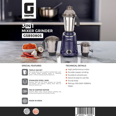 Geepas 3-in-1 Mixer Grinder- GSB5080S/ 750W /  Stainless Steel Jars & Blades/ Unbreakable Jar Caps/ Fast Grinding / 3 Jars with 3 Speed Control / 2 Years Warranty
