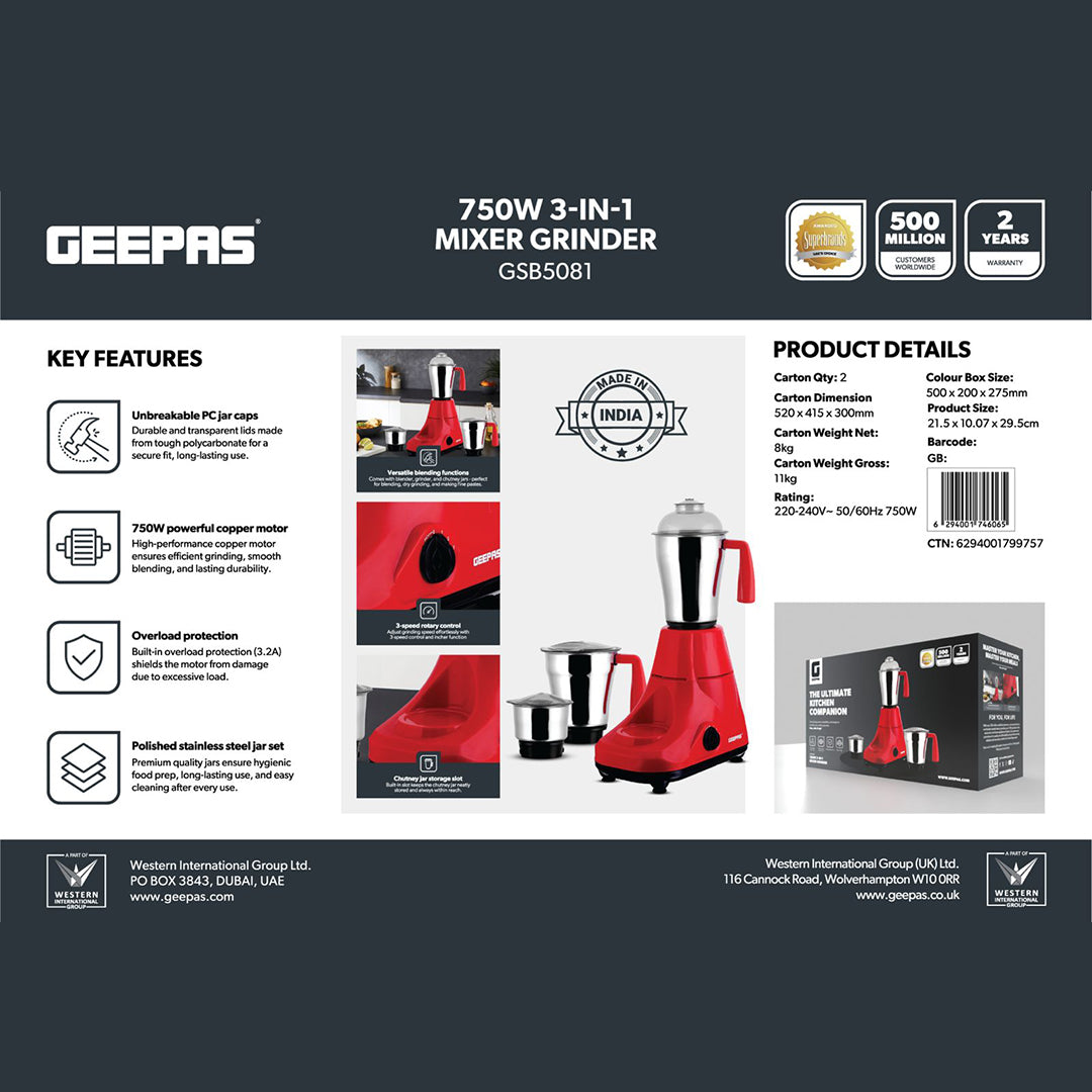 Geepas GSB5081 750W 3-in-1 Mixer Grinder | 3 Stainless Steel Jars | Powerful 750W Copper Motor  | 3-Speed Control with Pulse Function | Easy to Clean | 2-Year Warranty