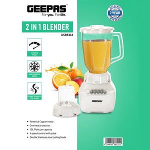 Geepas 2-in-1 Blender, 1.5L Plastic Jar, GSB5362 | 4 Speed Control with Pulse | Over Heat Protection | 400W Powerful Motor | Chopper, Coffee Grinder & Smoothie Maker