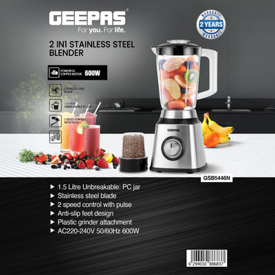 Geepas GSB5446 2-in-1 Stainless Steel Blender | 600W Motor | 1.5L Unbreakable PC Jar with Grinder | stainless steel blades  | 2-speed control  | Anti-slip feet
