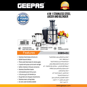 Geepas GSB5451 4 in 1 Juicer & Blender| 800W Stainless Steel Body| Wide Feeding Tube| 2 Speed + Pulse| Juicer, Blender| Grinder & Chopper|Unbreakable Jars|2 Year Warranty
