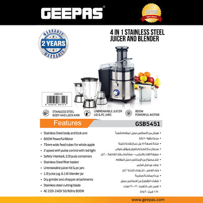 Geepas GSB5451 4 in 1 Juicer & Blender| 800W Stainless Steel Body| Wide Feeding Tube| 2 Speed + Pulse| Juicer, Blender| Grinder & Chopper|Unbreakable Jars|2 Year Warranty