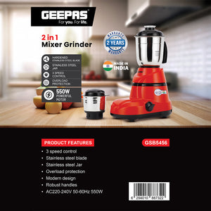 Geepas GSB5456 2-in-1 Mixer Grinder | 550W Motor | Stainless Steel Jars | 3 Speed Control | Harmonic grinding technology |Modern, compact design  robust ergonomic handles