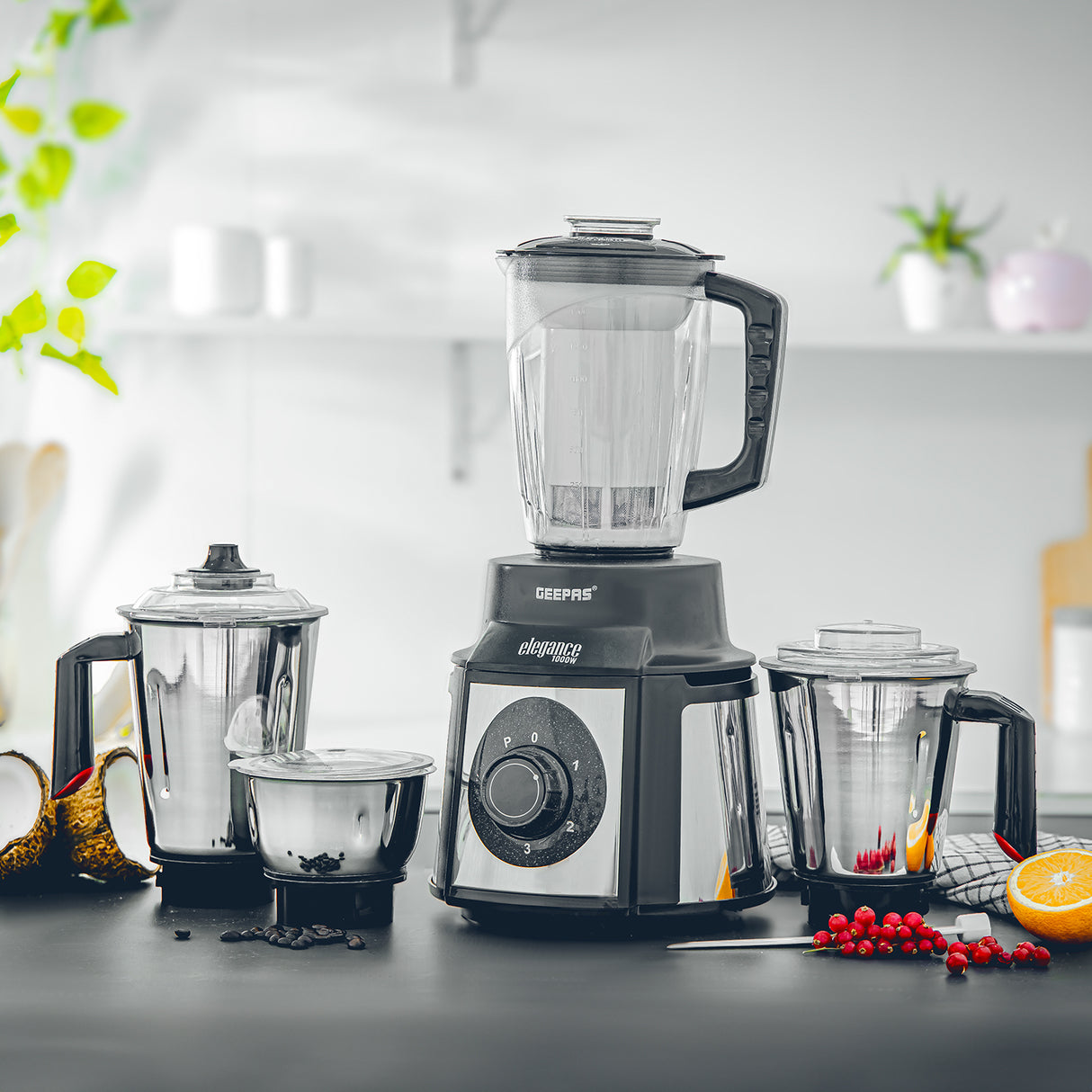 Geepas 5-IN-1 Mixer Grinder- GSB5457N| 1000 W Powerful Copper Motor and Stainless Steel Jars| Modern Design, Durable Body| 1.5L, 1.0L and 450ML Jars