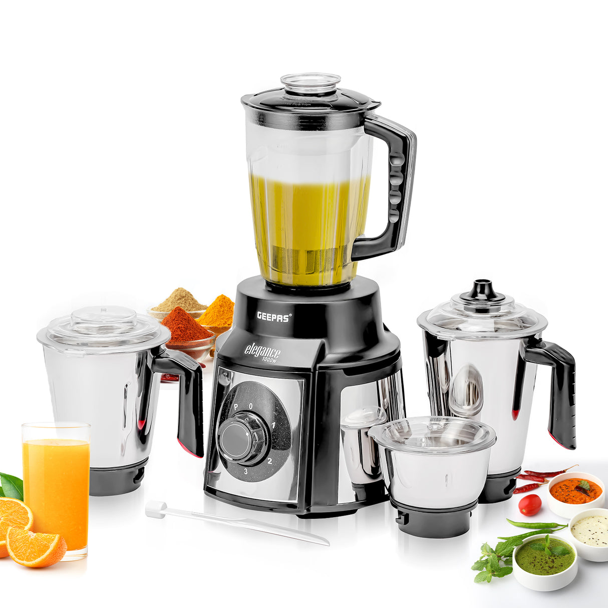 Geepas 5-IN-1 Mixer Grinder- GSB5457N| 1000 W Powerful Copper Motor and Stainless Steel Jars| Modern Design, Durable Body| 1.5L, 1.0L and 450ML Jars