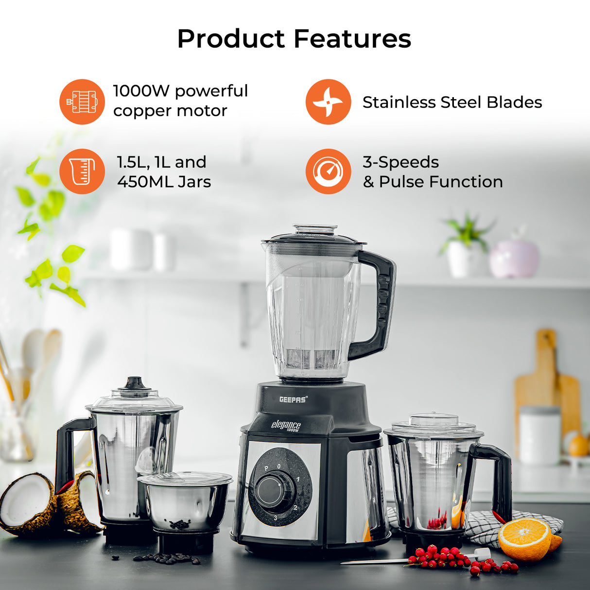 Geepas 5-IN-1 Mixer Grinder- GSB5457N| 1000 W Powerful Copper Motor and Stainless Steel Jars| Modern Design, Durable Body| 1.5L, 1.0L and 450ML Jars
