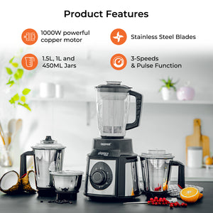Geepas 5-IN-1 Mixer Grinder- GSB5457N| 1000 W Powerful Copper Motor and Stainless Steel Jars| Modern Design, Durable Body| 1.5L, 1.0L and 450ML Jars
