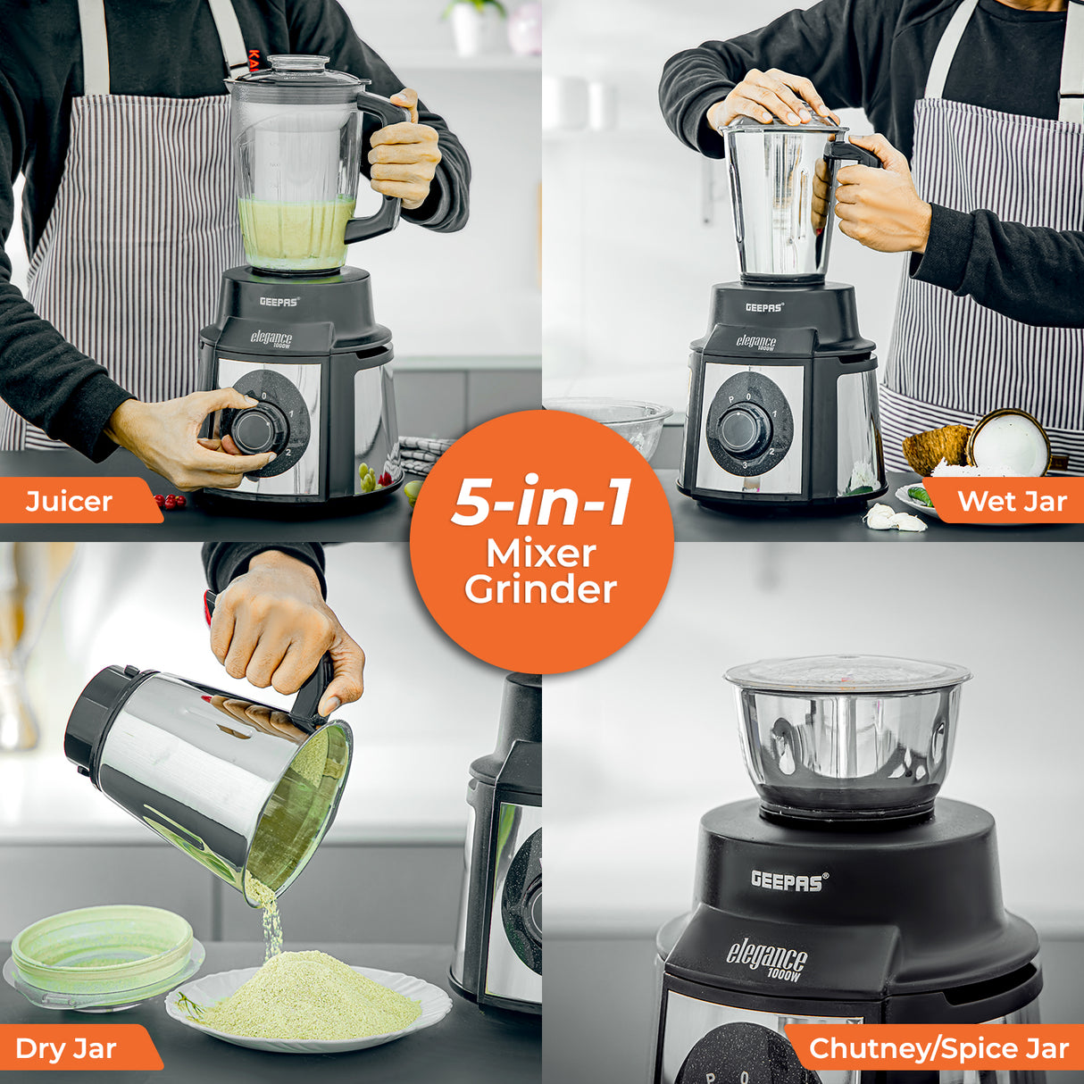 Geepas 5-IN-1 Mixer Grinder- GSB5457N| 1000 W Powerful Copper Motor and Stainless Steel Jars| Modern Design, Durable Body| 1.5L, 1.0L and 450ML Jars