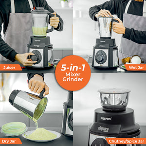 Geepas 5-IN-1 Mixer Grinder- GSB5457N| 1000 W Powerful Copper Motor and Stainless Steel Jars| Modern Design, Durable Body| 1.5L, 1.0L and 450ML Jars