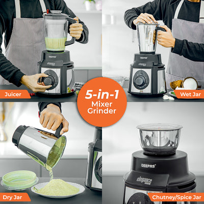Geepas 5-IN-1 Mixer Grinder- GSB5457N| 1000 W Powerful Copper Motor and Stainless Steel Jars| Modern Design, Durable Body| 1.5L, 1.0L and 450ML Jars