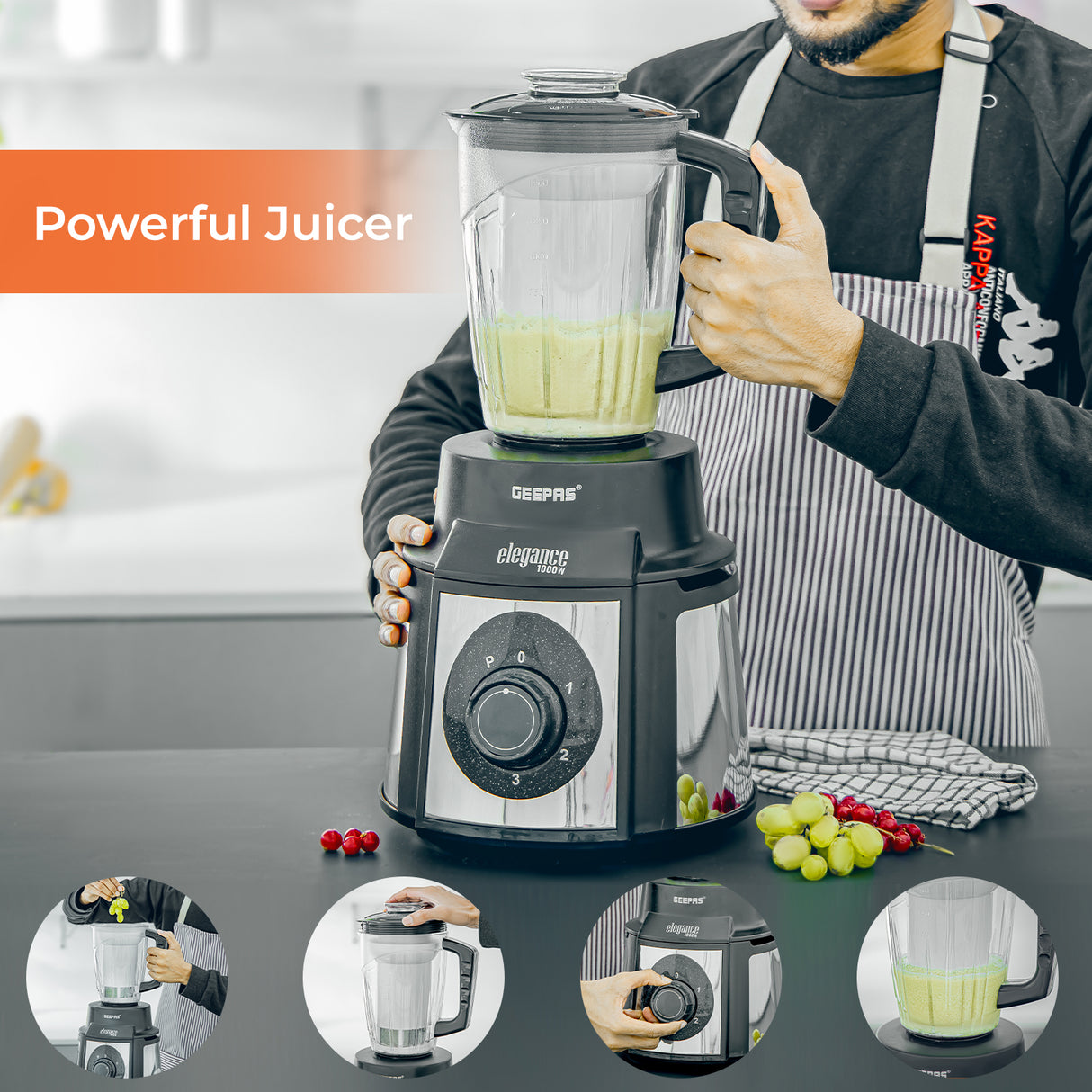 Geepas 5-IN-1 Mixer Grinder- GSB5457N| 1000 W Powerful Copper Motor and Stainless Steel Jars| Modern Design, Durable Body| 1.5L, 1.0L and 450ML Jars