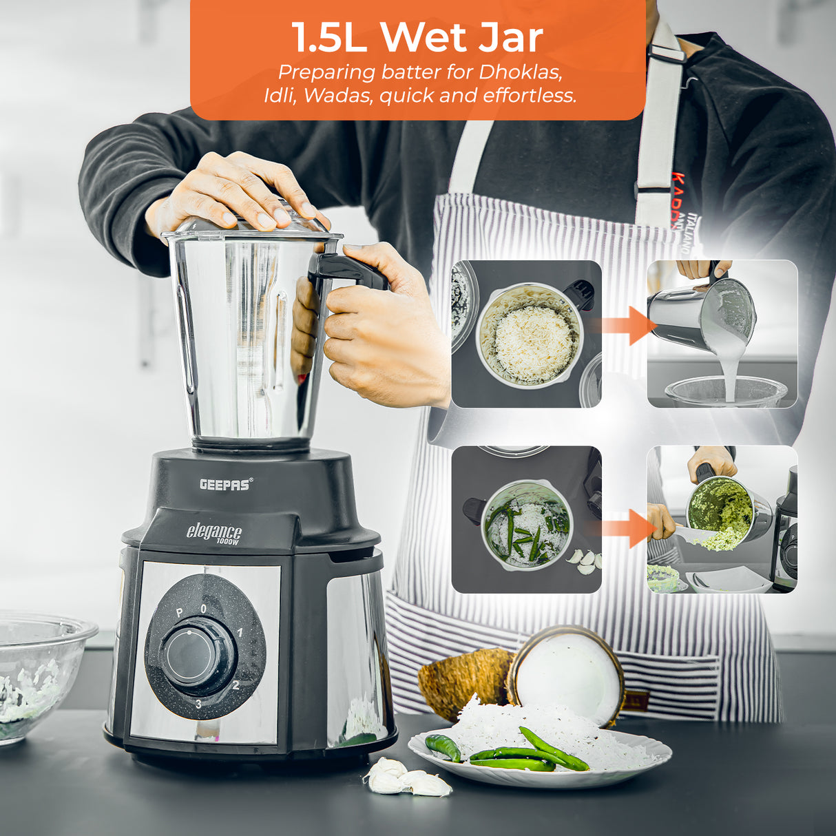 Geepas 5-IN-1 Mixer Grinder- GSB5457N| 1000 W Powerful Copper Motor and Stainless Steel Jars| Modern Design, Durable Body| 1.5L, 1.0L and 450ML Jars