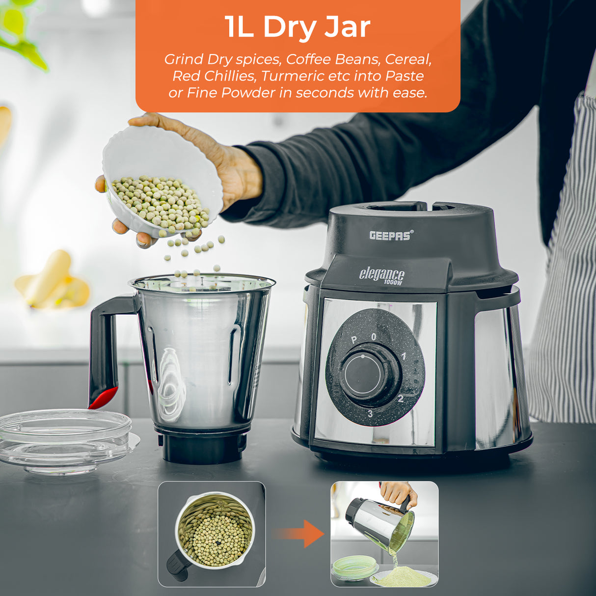 Geepas 5-IN-1 Mixer Grinder- GSB5457N| 1000 W Powerful Copper Motor and Stainless Steel Jars| Modern Design, Durable Body| 1.5L, 1.0L and 450ML Jars