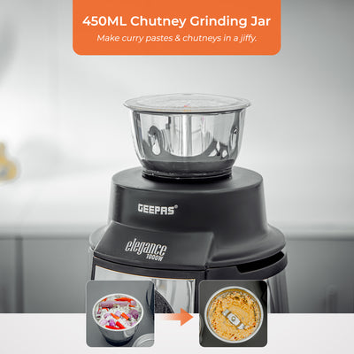 Geepas 5-IN-1 Mixer Grinder- GSB5457N| 1000 W Powerful Copper Motor and Stainless Steel Jars| Modern Design, Durable Body| 1.5L, 1.0L and 450ML Jars
