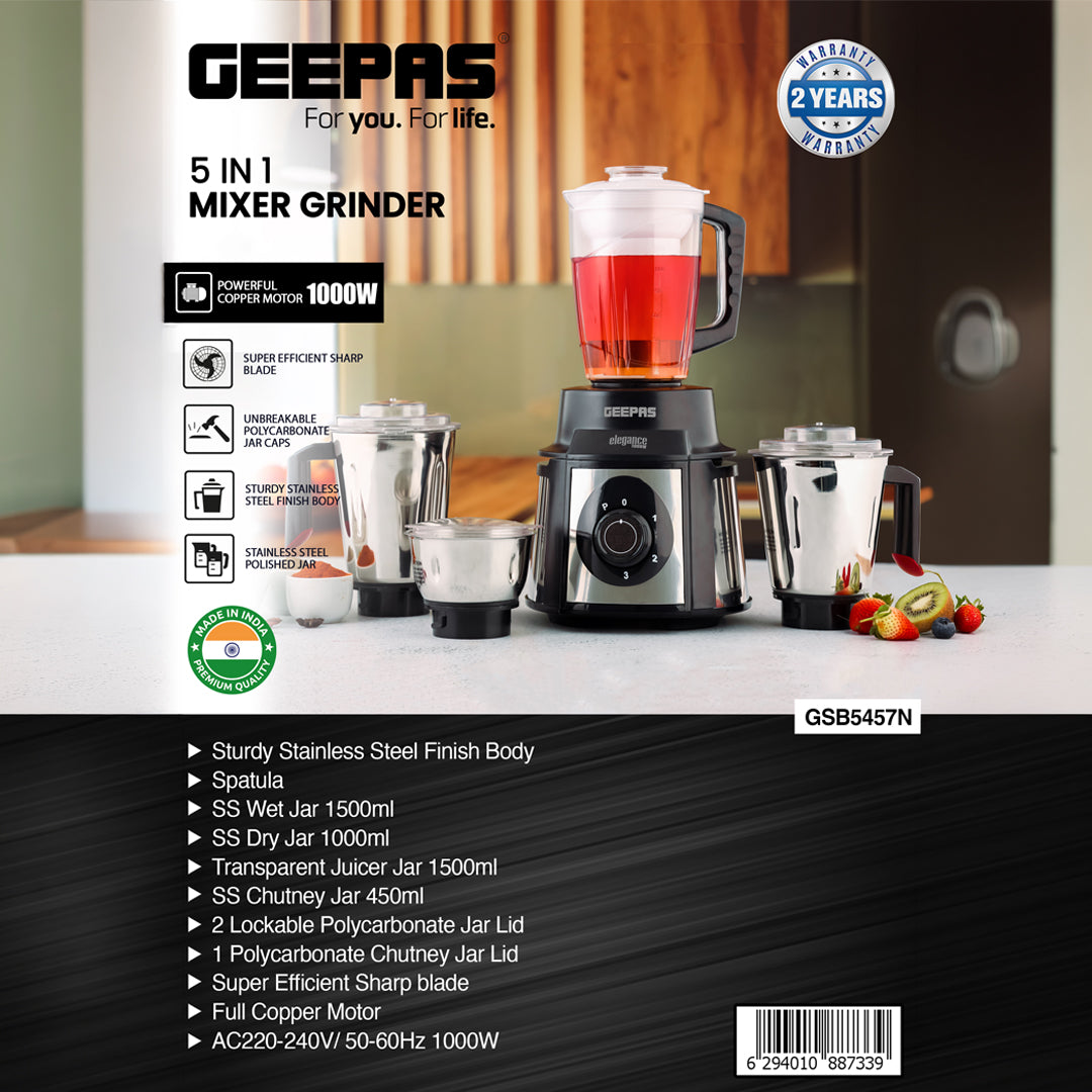 Geepas 5-in-1 Mixer Grinder GSB5457N | 1000W  Copper Motor| Stainless Steel Jars| Modern Design| Durable Body| Sharp Blades| 1.5L| 1.0L & 450ml Jars| 2 Years Warranty