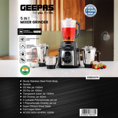 Geepas 5-in-1 Mixer Grinder GSB5457N | 1000W  Copper Motor| Stainless Steel Jars| Modern Design| Durable Body| Sharp Blades| 1.5L| 1.0L & 450ml Jars| 2 Years Warranty