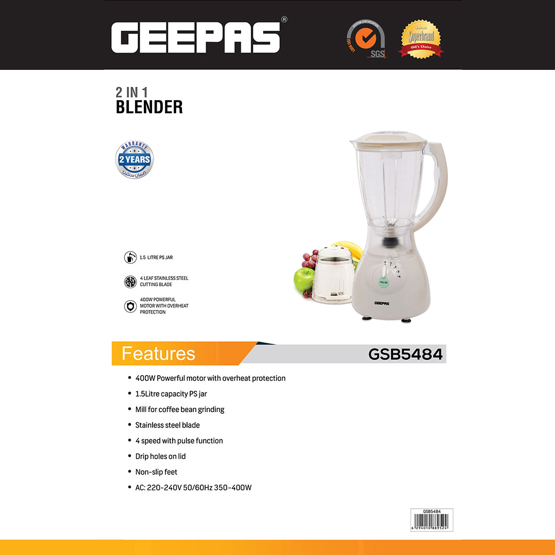 Geepas GSB5484 2-in-1 Blender | 400W| Overheat Protection | 1.5L Capacity Jar & Coffee Grinder| Stainless Steel Blades| 4-Speed Control |Pulse Function| 2 Years Warranty