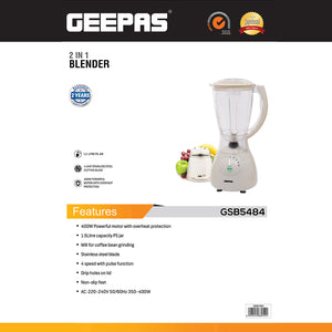 Geepas GSB5484 2-in-1 Blender | 400W| Overheat Protection | 1.5L Capacity Jar & Coffee Grinder| Stainless Steel Blades| 4-Speed Control |Pulse Function| 2 Years Warranty