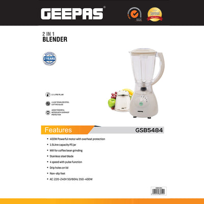 Geepas GSB5484 2-in-1 Blender | 400W| Overheat Protection | 1.5L Capacity Jar & Coffee Grinder| Stainless Steel Blades| 4-Speed Control |Pulse Function| 2 Years Warranty