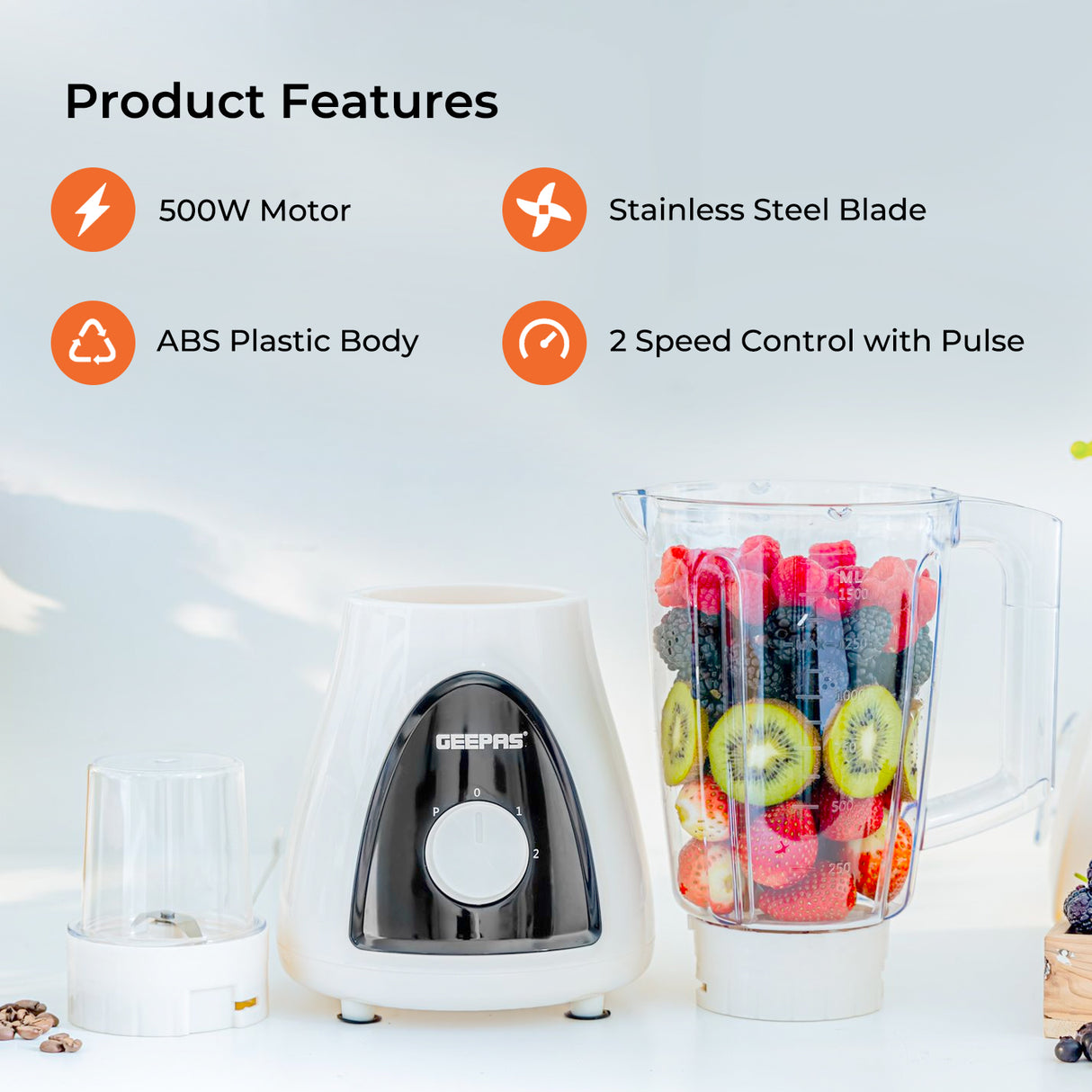 Geepas GSB5485 500W 2 in 1 Blender - Stainless Steel Blades, 2 Speed Control with Pulse | Overheat Protection| Ice Crusher, Chopper, Coffee Grinder & More